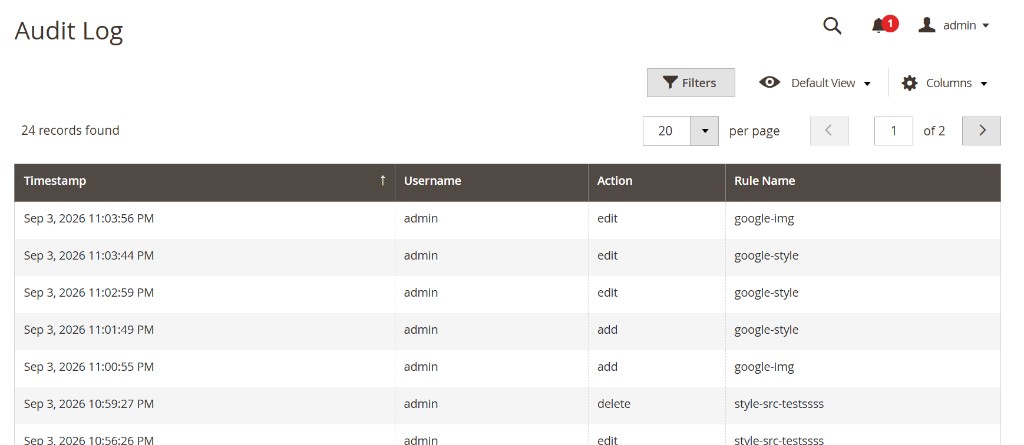 Audit Log grid with timestamp, username, action, and rule name columns recording add, edit, and delete changes to whitelist rules.