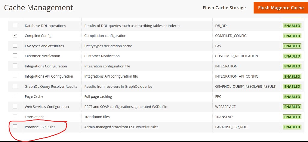 Magento Cache Management with Paradise CSP Rules enabled. The row shows the description Admin-managed storefront CSP whitelist rules and the tag PARADISE_CSP_RULE.
