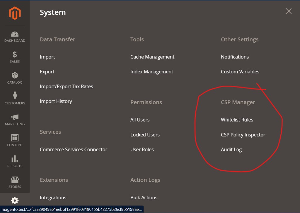 Magento System menu with CSP Manager under Other Settings, listing Whitelist Rules, CSP Policy Inspector, and Audit Log.
