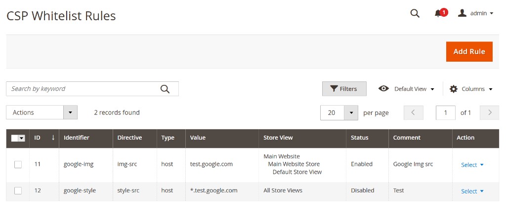 Magento Admin CSP Whitelist Rules grid with identifier, directive, type, value, store view, and status columns, and an Add Rule button.